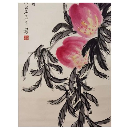 108 - A Chinese Ink and Watercolour on Paper Scroll. Longevity and good fortune come in a pair. Collaborat... 