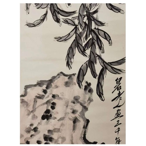 108 - A Chinese Ink and Watercolour on Paper Scroll. Longevity and good fortune come in a pair. Collaborat... 