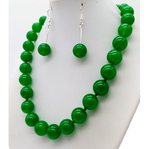 361 - A Green Jade Bead Necklace, Earring and Bracelet Set. 14mm beads. 42cm, 16cm, 4cm drop.