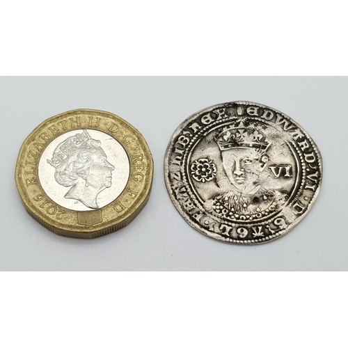 8 - A Rare Edward VI Silver Sixpence Coin. London mint. 1550-53. Please see photos for conditions.