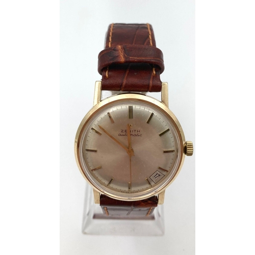 3 - A Glorious Vintage 9K Gold Cased Zenith Gents Watch. Mechanical movement. Leather strap. Gold case -... 