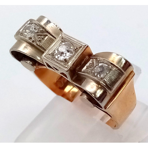 188 - AN ART DECO 14K GOLD RING WITH 3 DIAMONDS.  5.2gms   size L