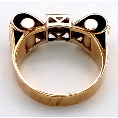 188 - AN ART DECO 14K GOLD RING WITH 3 DIAMONDS.  5.2gms   size L