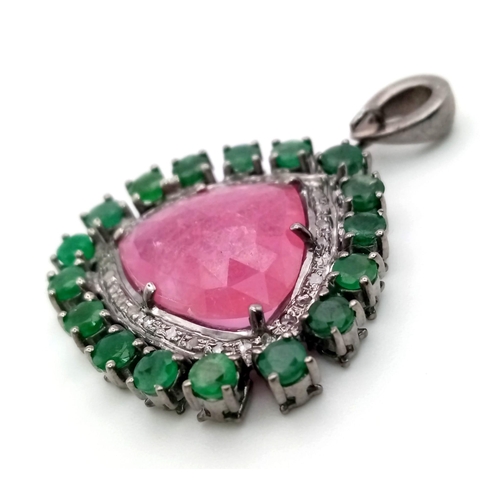 541 - Natural Gemstones Ruby and Emerald Pendant. 12.25cts, Dia-0.35cts.