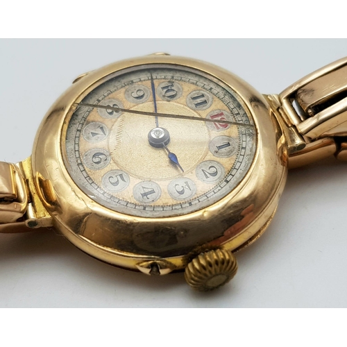 195 - A VINTAGE LADIES 15K GOLD WATCH ON EXPANDABLE 15K GOLD STRAP , GOOD CONDITION AND FULL WORKING ORDER... 