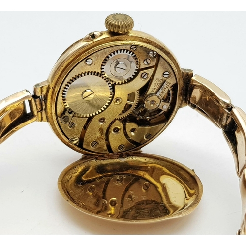 195 - A VINTAGE LADIES 15K GOLD WATCH ON EXPANDABLE 15K GOLD STRAP , GOOD CONDITION AND FULL WORKING ORDER... 