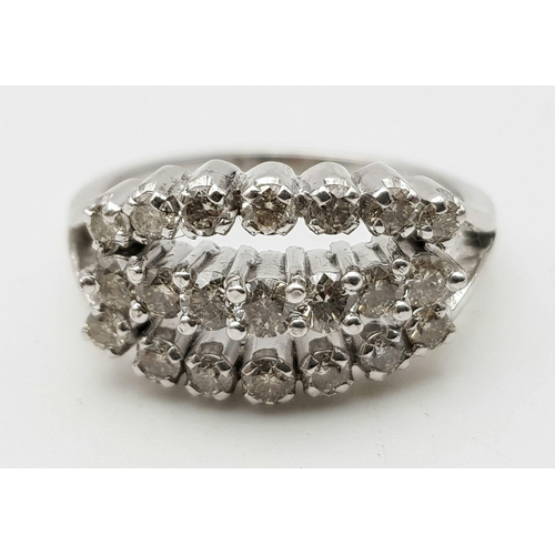 246 - A 14K WHITE GOLD 3 ROW DIAMOND RING, A REAL EYE CATCHER...4.6gms   size O