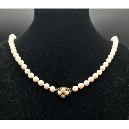 397 - A SINGLE ROW OF CULTURED PEARLS WITH 9K GOLD CLASP    68cms IN LENGTH