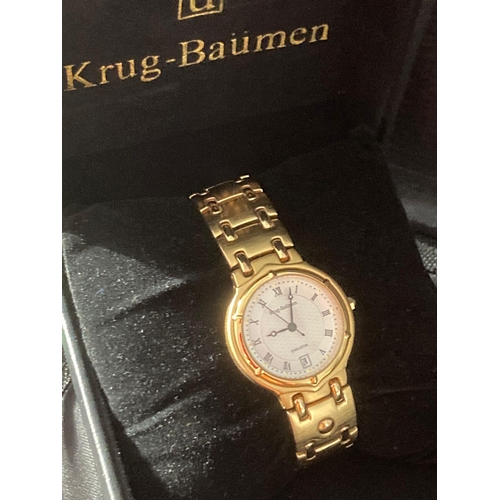 42 - Gentlemans KRUG BAUMAN Quartz wristwatch 18ct gold plated in original case with manual. Gold plated ... 