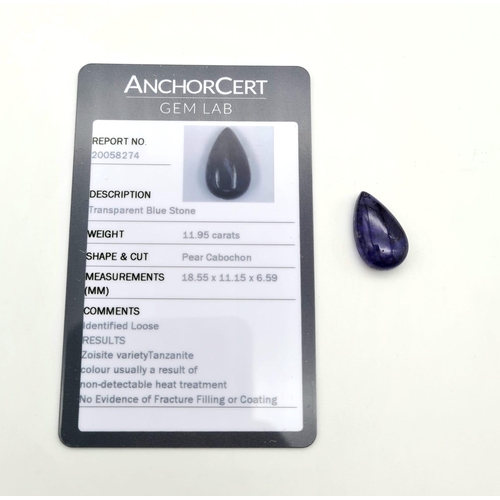 426 - An 11.95ct Blue Tanzanite Gemstone. Pear shape with an Anchorcert gem lab certificate.