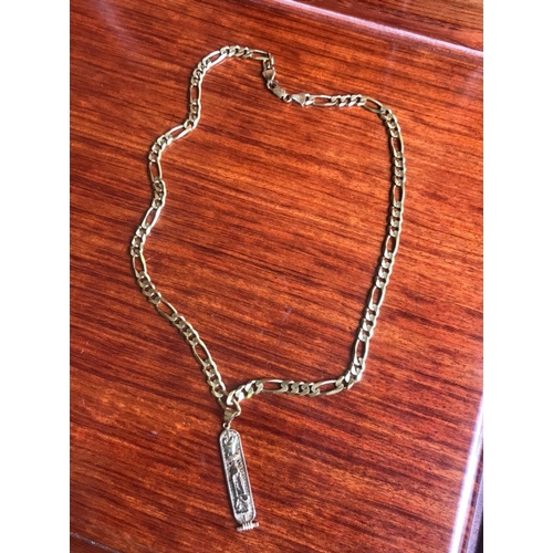 477 - 18 Ct 750 Italy stamped solid thick kerb link chain, Together with A pendant with EGYPTION HIEROGLYP... 