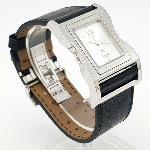 10 - A Stylish Cristian Dior Ladies Watch. Black leather strap with stainless steel case - 30mm width. Qu... 