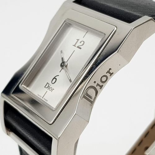 10 - A Stylish Cristian Dior Ladies Watch. Black leather strap with stainless steel case - 30mm width. Qu... 