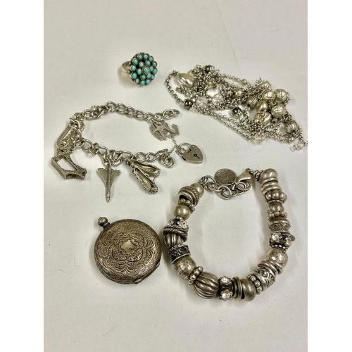 1205 - Antique silver pocket watch, silver bracelet with silver turquoise ring etc