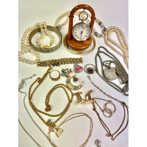 1206 - Antique silver pocket watch , cufflinks , necklaces etc