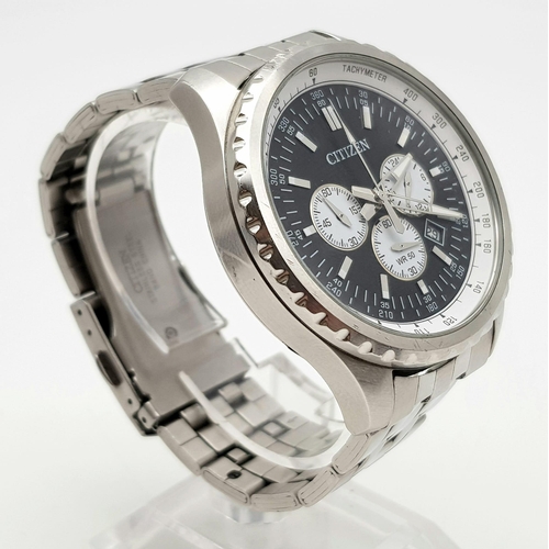 389 - A Citizen Chronograph Gents Watch. Stainless steel strap and case - 45mm. Black dial with three sub ... 