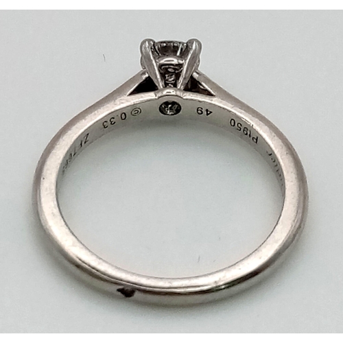 394 - A CARTIER 950 PLATINUM DIAMOND SOLITAIRE RING WTH A FINE .33ct DIAMOND. 3.9gms  size J/K