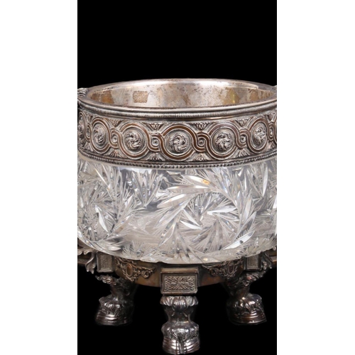 96 - Antique massive early 20th Century Russian solid silver & cut crystal punch bowl round shaped and mo... 