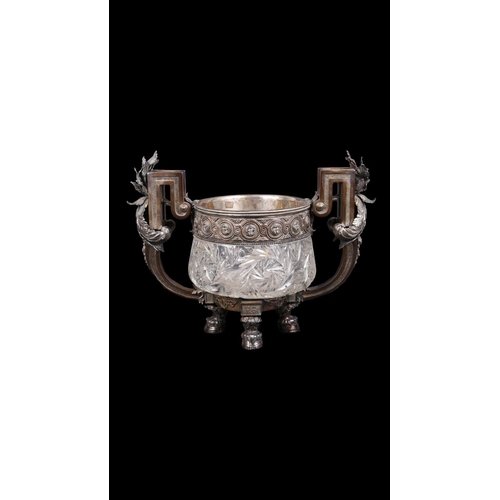 96 - Antique massive early 20th Century Russian solid silver & cut crystal punch bowl round shaped and mo... 