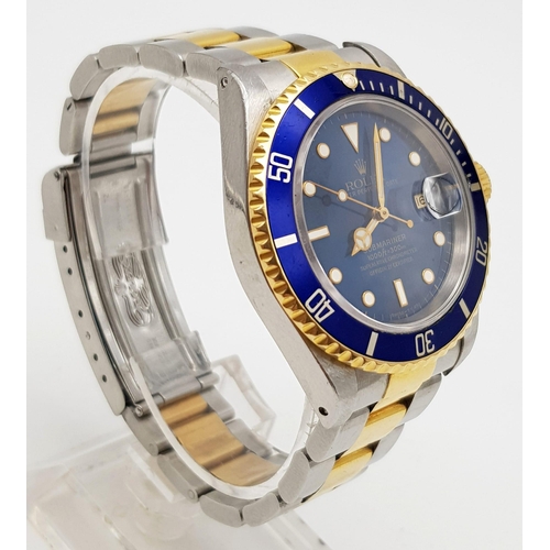 15 - A ROLEX SUB-MARINER IN BI-METAL WITH BLUE BEZEL AND FACE AND IN GOOD ORDER THROUGHOUT. 40mm