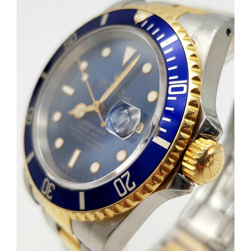 15 - A ROLEX SUB-MARINER IN BI-METAL WITH BLUE BEZEL AND FACE AND IN GOOD ORDER THROUGHOUT. 40mm