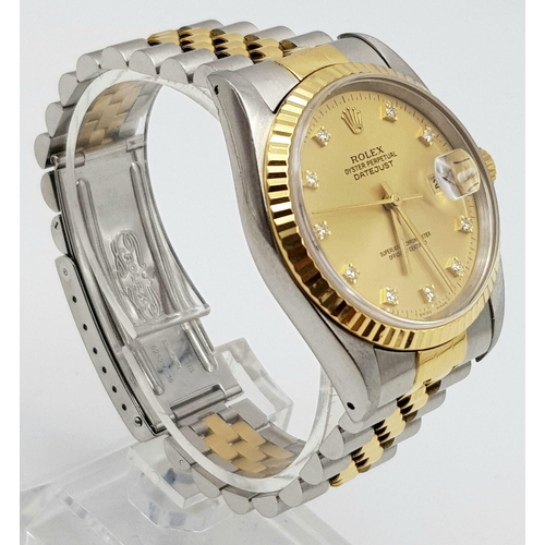 340 - A ROLEX OYSTER PERPETUAL DATEJUST IN BI-METAL WITH DIAMOND NUMERALD AND GOLDTONE FACE. 36mm
comes wi... 