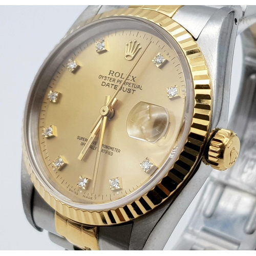 340 - A ROLEX OYSTER PERPETUAL DATEJUST IN BI-METAL WITH DIAMOND NUMERALD AND GOLDTONE FACE. 36mm
comes wi... 