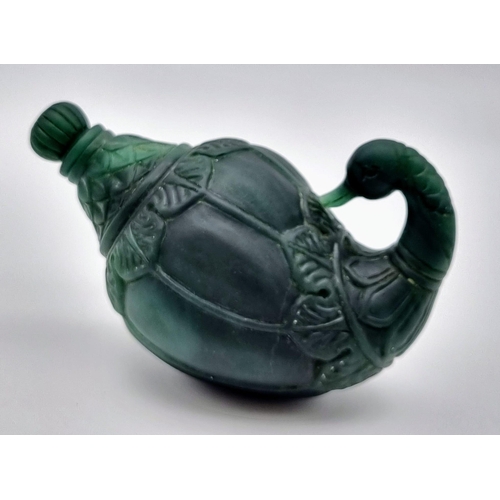 11 - An Exquisite Antique Russian Green Jade Swan Perfume Bottle. 12 x 8cm.