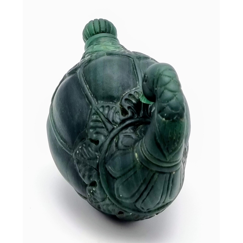 11 - An Exquisite Antique Russian Green Jade Swan Perfume Bottle. 12 x 8cm.