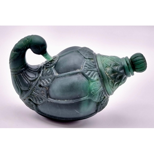 11 - An Exquisite Antique Russian Green Jade Swan Perfume Bottle. 12 x 8cm.