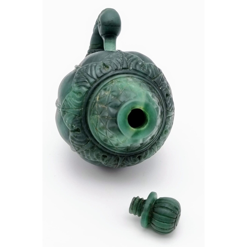 11 - An Exquisite Antique Russian Green Jade Swan Perfume Bottle. 12 x 8cm.