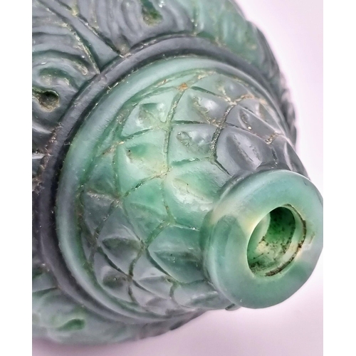 11 - An Exquisite Antique Russian Green Jade Swan Perfume Bottle. 12 x 8cm.