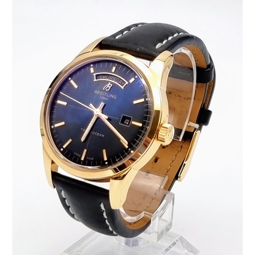 22 - A Breitling Transocean Automatic Rose Gold Cased Gents Watch. Black leather strap. Rose gold case - ... 