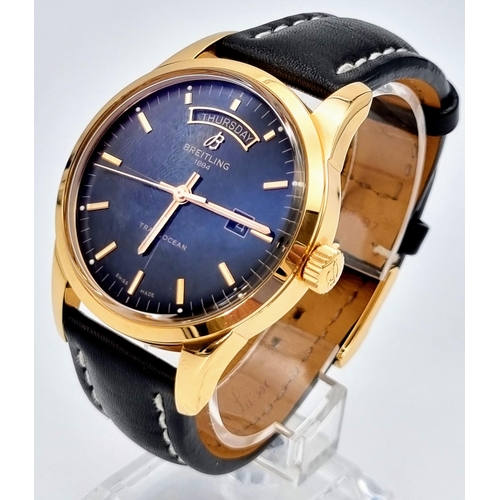 22 - A Breitling Transocean Automatic Rose Gold Cased Gents Watch. Black leather strap. Rose gold case - ... 