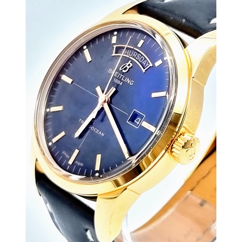 22 - A Breitling Transocean Automatic Rose Gold Cased Gents Watch. Black leather strap. Rose gold case - ... 