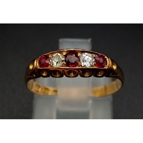 346 - An 18ct yellow gold three rubies and two diamonds ring, size M 1/2, total weight 2.40 grams