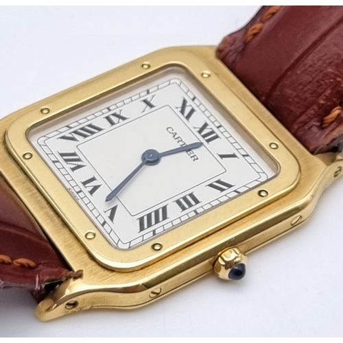 87 - A Cartier Santos 18K Gold Cased Ladies Quartz Tank Watch. Brown leather strap. Case - 35 x 27mm. In ... 