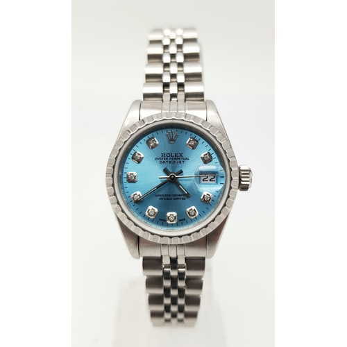 333 - A LADIES OYSTER PERPETUAL DATEJUST IN STAINLESS STEEL WITH DIAMOND NUMERALS AND UNUSUAL TURQUOISE FA... 