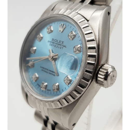 333 - A LADIES OYSTER PERPETUAL DATEJUST IN STAINLESS STEEL WITH DIAMOND NUMERALS AND UNUSUAL TURQUOISE FA... 