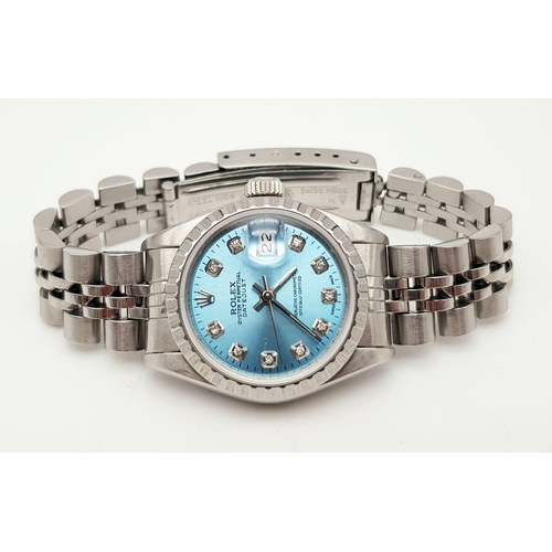 333 - A LADIES OYSTER PERPETUAL DATEJUST IN STAINLESS STEEL WITH DIAMOND NUMERALS AND UNUSUAL TURQUOISE FA... 