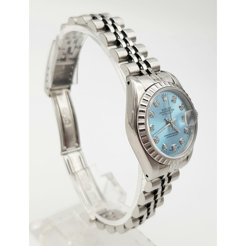 333 - A LADIES OYSTER PERPETUAL DATEJUST IN STAINLESS STEEL WITH DIAMOND NUMERALS AND UNUSUAL TURQUOISE FA... 