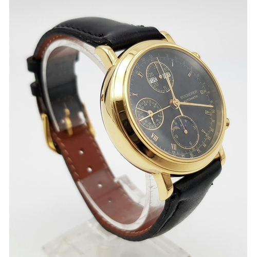 402 - A BUCHERER 18K GOLD MOONPHASE WATCH WITH 3 SUB-DIALS ON A LEATHER STRAP.  38mm