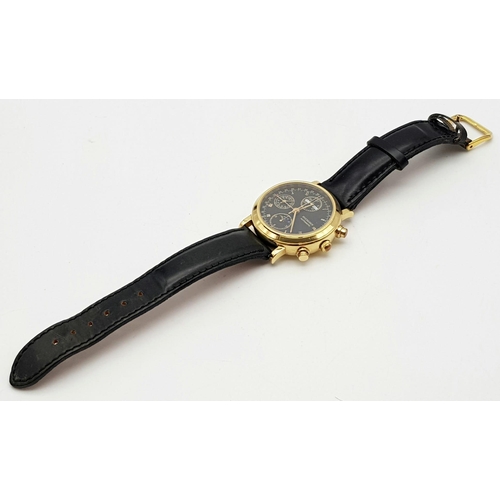 402 - A BUCHERER 18K GOLD MOONPHASE WATCH WITH 3 SUB-DIALS ON A LEATHER STRAP.  38mm