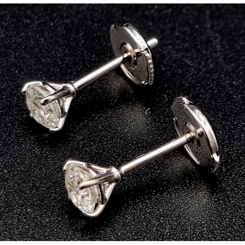 234 - 18ct white gold diamond stud earrings. Round brilliant cut, 1ct diamond total, colour H-I, SI1-SI2.