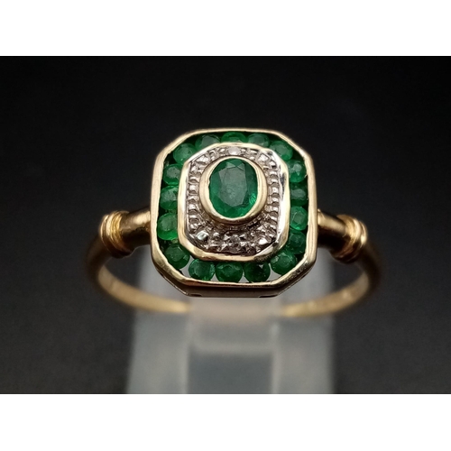 311 - An Art Deco 9 K yellow gold ring with emeralds and diamonds. Ring size: R, weight: 2.1 g.