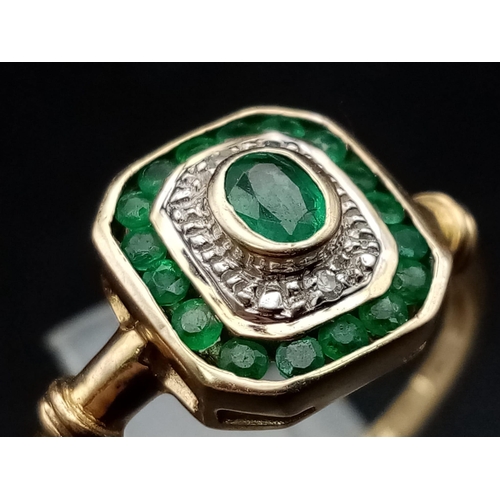 311 - An Art Deco 9 K yellow gold ring with emeralds and diamonds. Ring size: R, weight: 2.1 g.