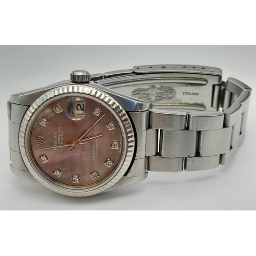 31 - A Rolex Oyster Perpetual Automatic Diamond Ladies Watch. Stainless steel strap and case - 30mm. Moth... 