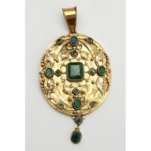 114 - AN ANTIQUE 18K GOLD PENDANT DECORATED WITH JADE AND SEED PEARLS.  15.6gms   8cms