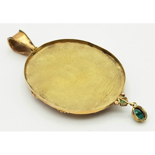 114 - AN ANTIQUE 18K GOLD PENDANT DECORATED WITH JADE AND SEED PEARLS.  15.6gms   8cms