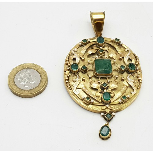 114 - AN ANTIQUE 18K GOLD PENDANT DECORATED WITH JADE AND SEED PEARLS.  15.6gms   8cms